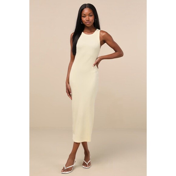 Lulus Majorly Trendy Dress Women's XS Light Yellow Midi Ribbed Bodycon NWT - Picture 2 of 12